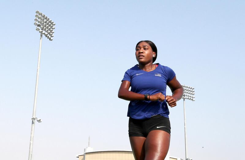 DUBAI, UNITED ARAB EMIRATES , Nov 6  – 2019 :- Deja Young , American Paralympic athlete , who has won gold in the 100m and 200m in the Paralympics during her training at the Nad Al Sheba Sports Complex in Dubai. ( Pawan Singh / The National )  For News. Story by Ramola