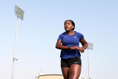  Deja Young, an American Paralympic athlete who won gold in the 100m and 200m in the Paralympics, trains at Nad Al Sheba Sports Complex in Dubai. Pawan Singh / The National