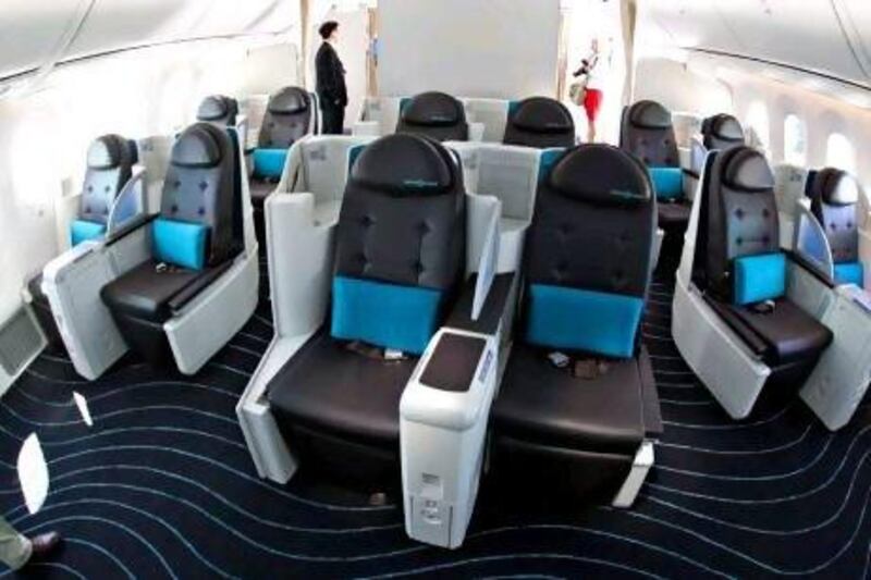 A business class configuration on the Boeing 787 Dreamliner. Jeff Topping / The National