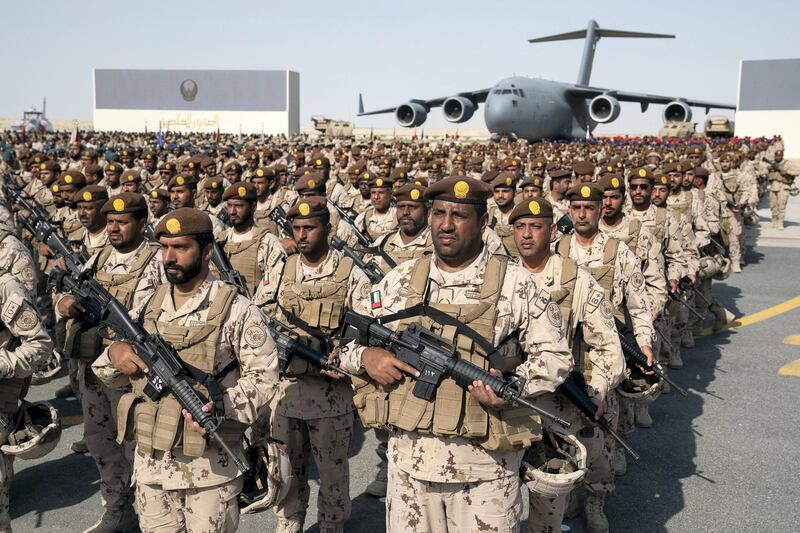 SWEIHAN, ABU DHABI, UNITED ARAB EMIRATES - February 09, 2020: Military personnel participate in a reception at Zayed Military City to celebrate and honor members of the UAE Armed Forces who served in the Arab coalition in Yemen.
( Ryan Carter / Ministry of Presidential Affairs )
---