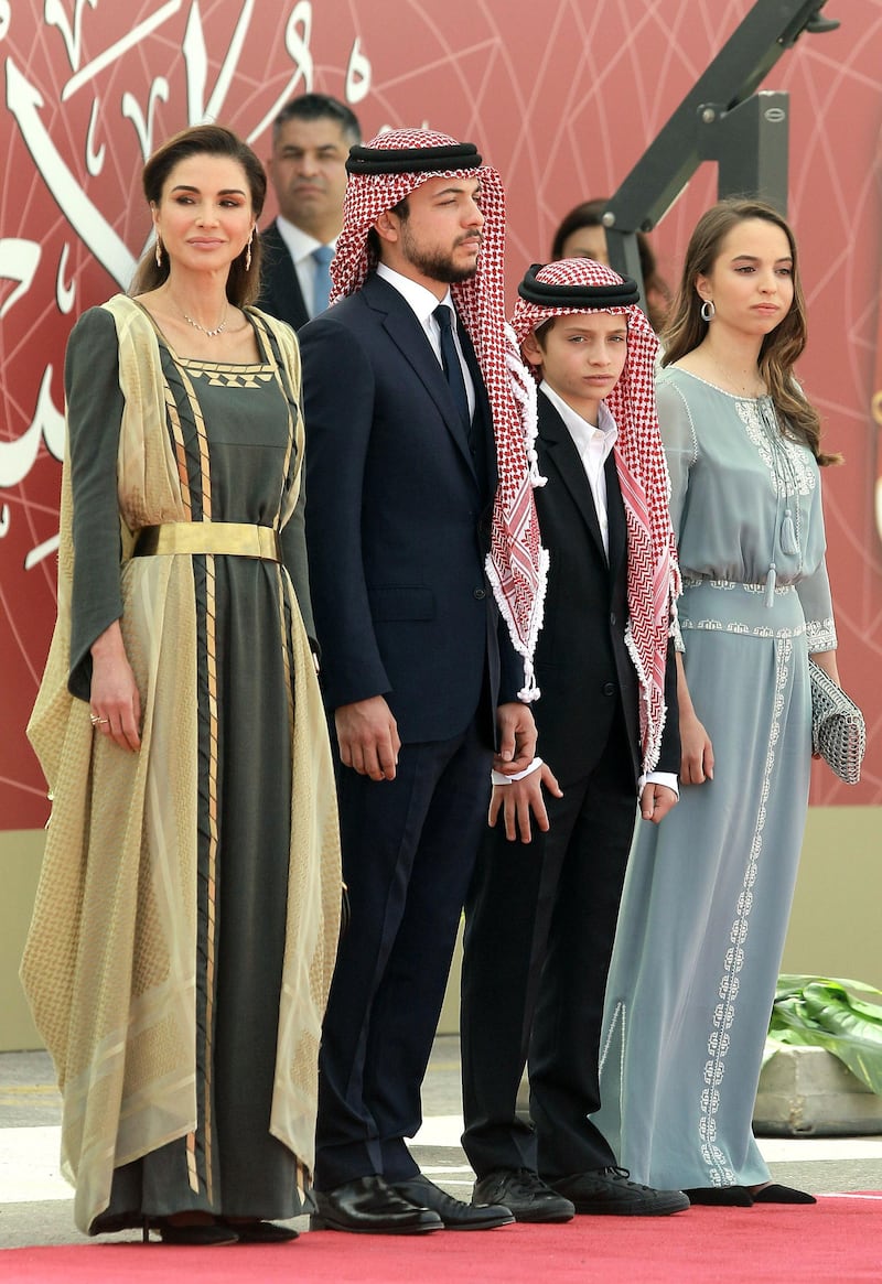 (L to R) Queen Rania of Jordan and her children Crown Prince Hussein, Prince Hashem, and Princess Salma, attend a ceremony held in Amman on May 25, 2019, to celebrate the country's 73th Independence Day.  / AFP / Khalil MAZRAAWI
