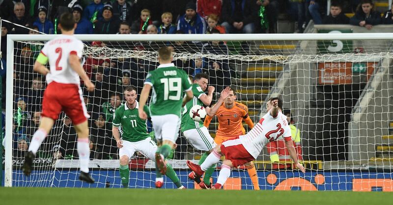 BELFAST, NORTHERN IRELAND - NOVEMBER 09: Xherdan Shaqiri of Switzerland is awarded a penalty after alleged handball by Corry Evans of Northern Ireland during the FIFA 2018 World Cup Qualifier Play-Off first leg between Northern Ireland and Switzerland at Windsor Park on November 9, 2017 in Belfast, Northern Ireland. (Photo by Charles McQuillan/Getty Images)
