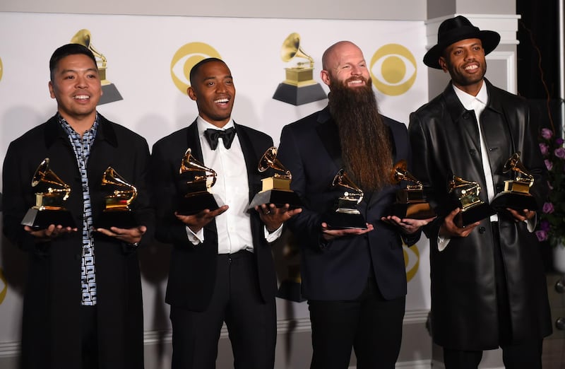 From left: Producers Jonathan Yip, Ray Romulus, Jeremy Reeves, and Ray Charles McCullough II of The Stereotypes, winners of the Best R&B Song and Song of the Year awards for Bruno Mars' 'That's What I Like'.