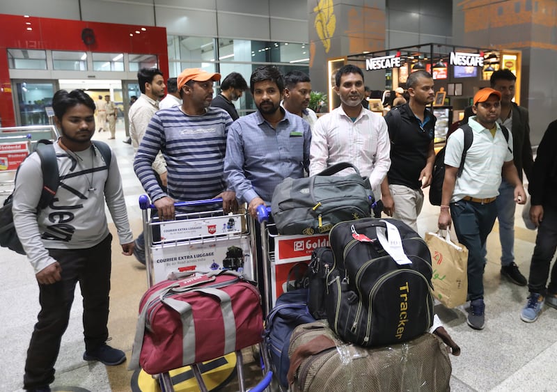 Indian nationals evacuated from Sudan arrive at Indira Gandhi International Airport in New Delhi. EPA