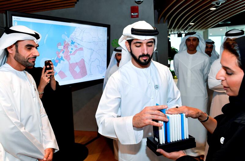 Sheikh Hamdan bin Mohammed, Crown Prince of Dubai, launches 'Dubai Paperless Strategy' during a visit to the Smart Dubai Office headquarters in Dubai Design District. Wam