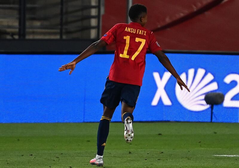 Ansu Fati celebrates after scoring Spain's third goal against Ukraine in the Uefa Nations League. AFP