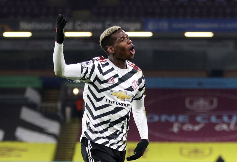 Manchester United's Paul Pogba celebrates scoring the winning goal against Burnley, which took his side to the top of the Premier League.  Reuters