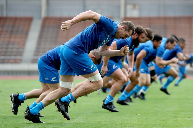 Brodie Retallick, nearest the camera, during the New Zealand training session on Wednesday in Japan. Getty