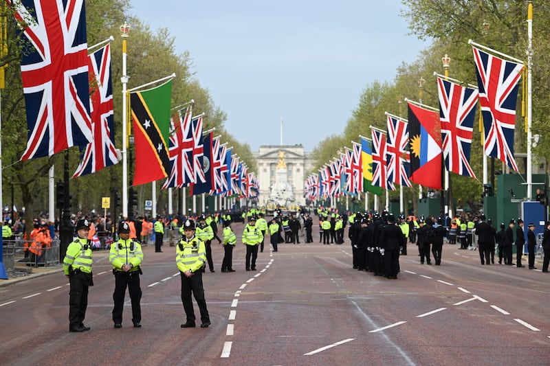 Pfficers from London's Metropolitan Police gather on The Mall before the coronation of King Charles. AP
