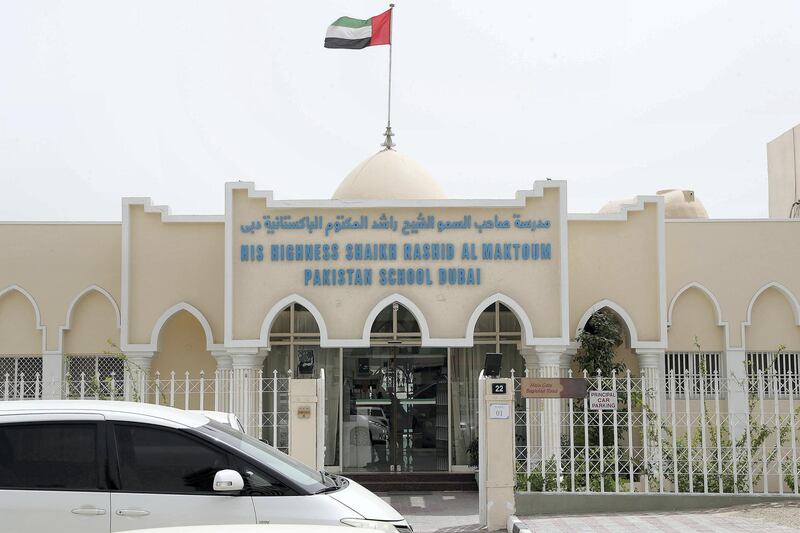 DUBAI , UNITED ARAB EMIRATES , MAY 9 – 2018 :- Outside view of the Shaikh Rashid Al Maktoum Pakistan School in Dubai.  ( Pawan Singh / The National )  For News. Story by Anam Rizvi