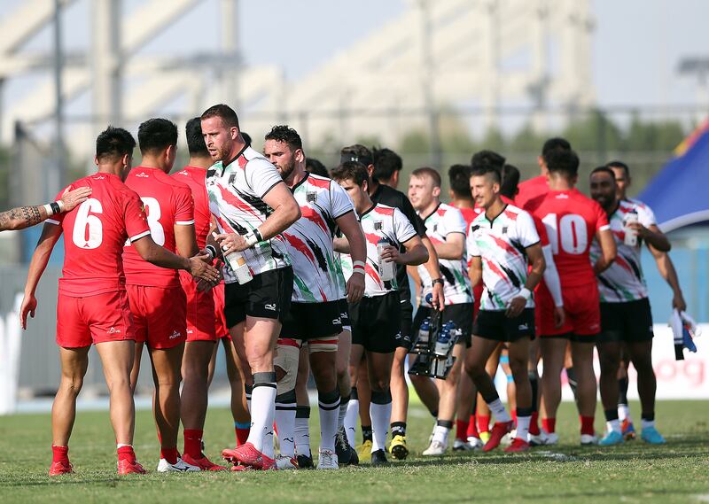 UAE and China after the match during the Dialog Asia Rugby Sevens Series at Rugby Park in Dubai Sports City.