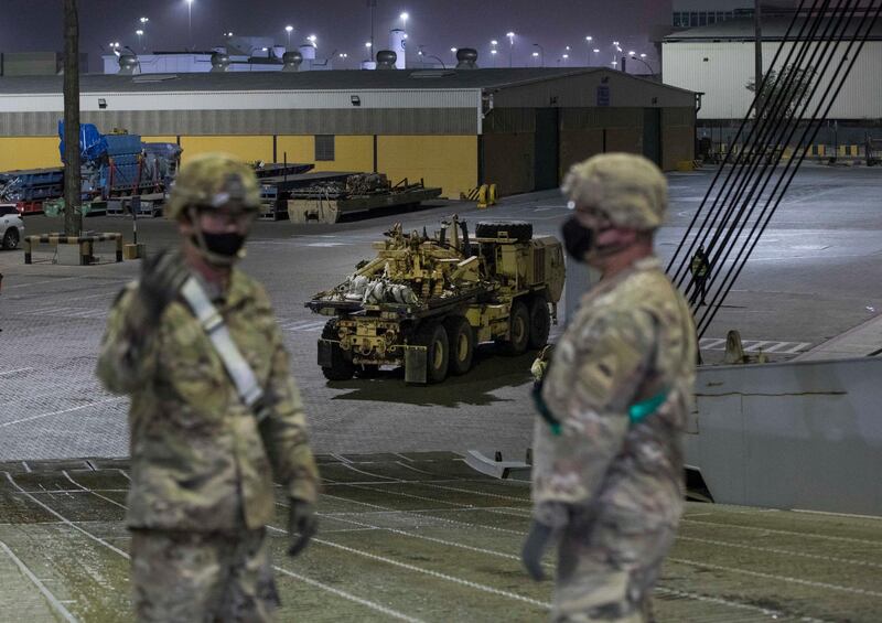 Duba, United Arab Emirates -  US military trucks and equipment arrived for the military exercise in Abu Dhabi at Jebel Al Port, Dubai.  Leslie Pableo for The National