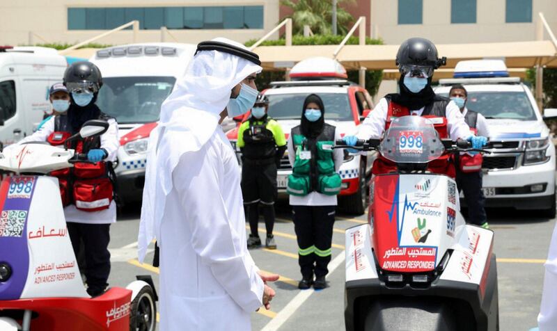 Hamdan bin Mohammed during his visit this morning to the Foundation For ambulance services.. Courtesy: Dubai Media Office Twitter