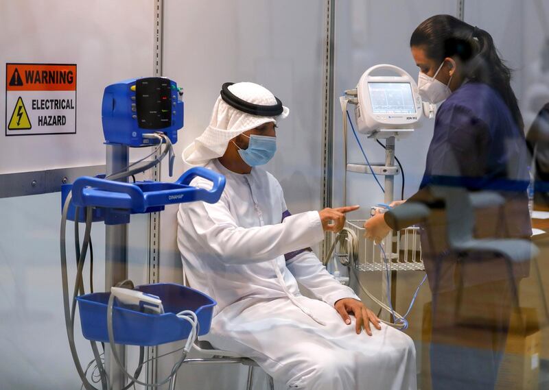 Abu Dhabi, United Arab Emirates, August 6, 2020. 
 A vaccine volunteer gets a medical check up at the ADNEC volunteer facility. 
Victor Besa /The National
Section: NA
Reporter:  Shireena Al Nowais