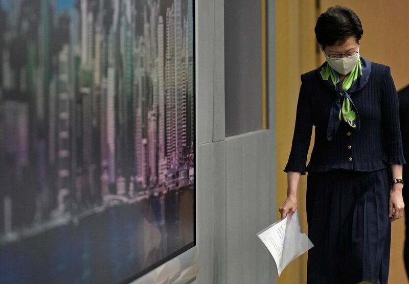 Hong Kong Chief Executive Carrie Lam arrives to address a news conference in Hong Kong, China. AP Photo