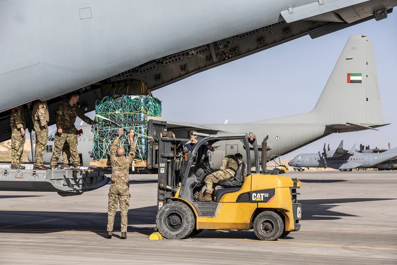 A palette of aid is lifted into the aircraft, with the UK military continuing humanitarian operations to help Gazans.