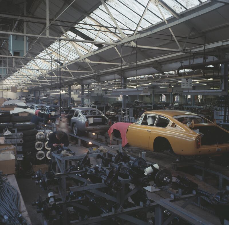 An Aston Martin assembly line in 1967
