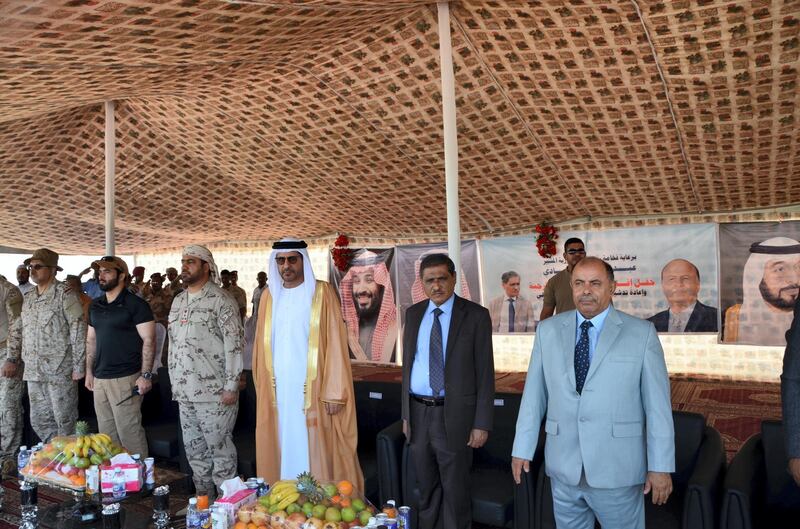 From right, Yemeni Deputy Prime Minister Salem Al Khanbashi, Hadramawt Governor Faraj Al Bahsani, and the UAE Ambassador to Yemen Salem Al Ghafli attend the reopening of Riyan airport on November 27, 2019. Saeed Al Batati for The National