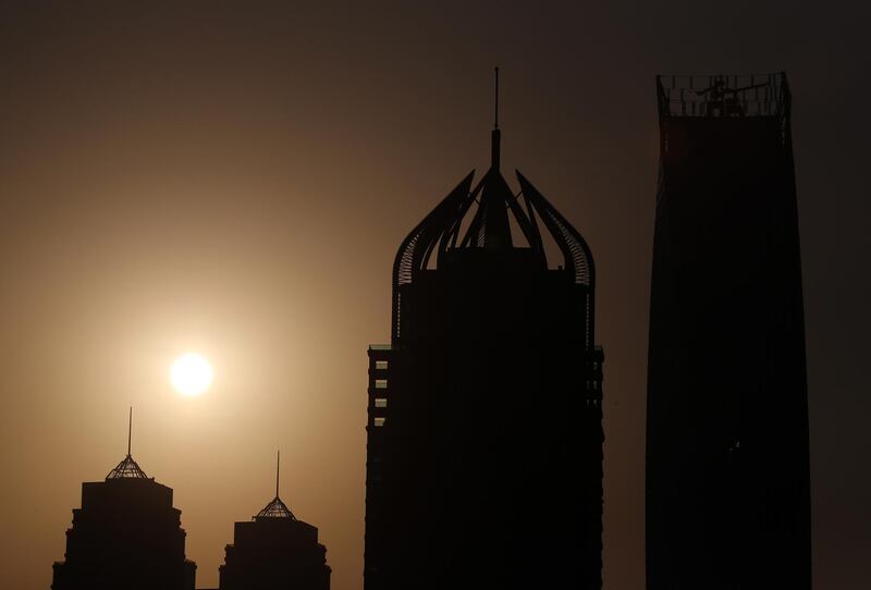 Dubai, United Arab Emirates - Reporter: N/A. Standalone. Weather. The sun sets behind Grosvenor House in Dubai. Monday, July 6th, 2020. Dubai. Chris Whiteoak / The National