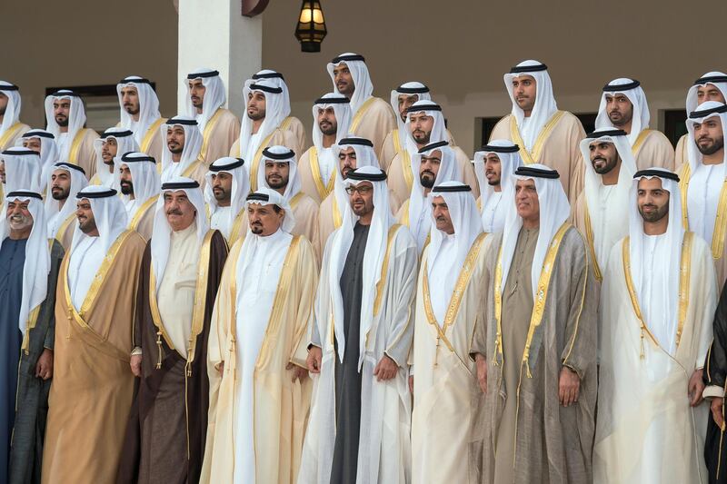 ABU DHABI, UNITED ARAB EMIRATES - January 21, 2018: (front row R - front row L) HH Sheikh Mohamed bin Saud bin Saqr Al Qasimi, Crown Prince and Deputy Ruler of Ras Al Khaimah, HH Sheikh Saud bin Saqr Al Qasimi, UAE Supreme Council Member and Ruler of Ras Al Khaimah, HH Sheikh Hamad bin Mohamed Al Sharqi, UAE Supreme Council Member and Ruler of Fujairah, HH Sheikh Mohamed bin Zayed Al Nahyan, Crown Prince of Abu Dhabi and Deputy Supreme Commander of the UAE Armed Forces, HH Sheikh Humaid bin Rashid Al Nuaimi, UAE Supreme Council Member and Ruler of Ajman, HH Sheikh Saud bin Rashid Al Mu'alla, UAE Supreme Council Member and Ruler of Umm Al Quwain , HH Sheikh Mohamed bin Hamad Al Sharqi, Crown Prince of Fujairah , HH Sheikh Nahyan bin Mubarak Al Nahyan, UAE Minister of State for Tolerance stand for a photograph during a mass wedding reception for HH Sheikh Mubarak bin Hamdan bin Mubarak Al Nahyan (not shown), HH Sheikh Mohamed bin Ahmed bin Hamdan Al Nahyan (not shown) and other grooms, at Majlis Al Bateen.


( Mohamed Al Hammadi / Crown Prince Court - Abu Dhabi )
---