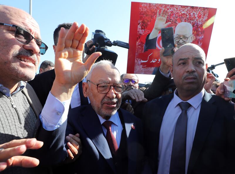 Tunisia’s former parliament speaker and Ennahda party leader, Rached Ghannouchi, arrives at the office of Tunisia's counter-terrorism prosecutor in Tunis. EPA