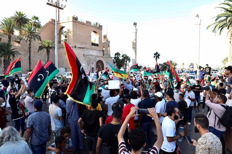 Demonstrators gather during an anti-government protest in Tripoli, Libya, August 25, 2020. REUTERS/Hazem Ahmed NO RESALES. NO ARCHIVES