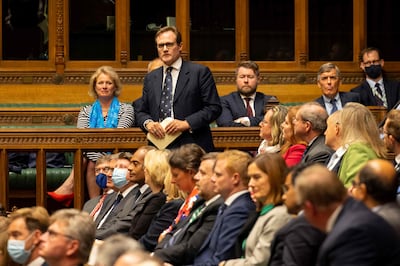 Tom Tugendhat speaking during an extraordinary session of Parliament, called to discuss the collapse of the Afghan government, in August last year. AFP