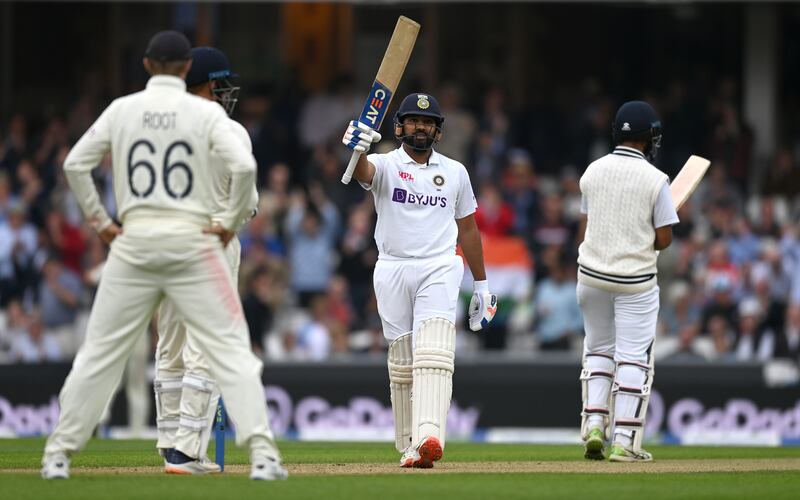 India opener Rohit Sharma celebrates reaching his century at The Oval. Getty