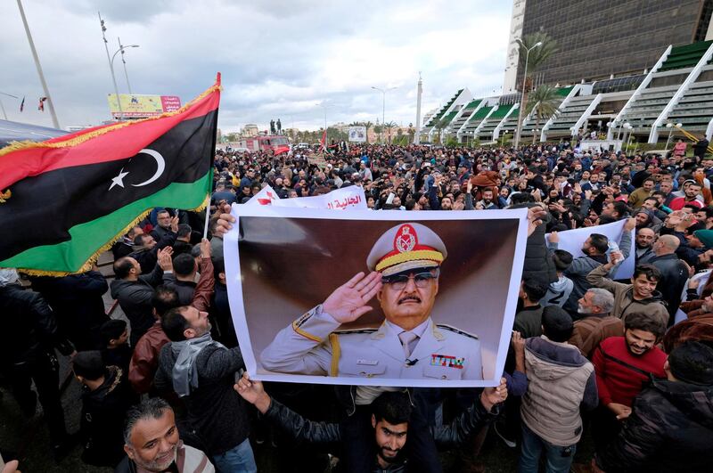 Libyan protesters gather during a demonstration against the Turkish parliament's decision to send Turkish forces to Libya, in Benghazi, Libya January 3, 2020. REUTERS/Esam Omran Al-Fetori       NO RESALES. NO ARCHIVES.     TPX IMAGES OF THE DAY