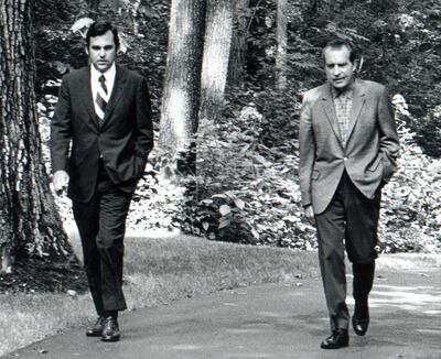 -UNDATED FILE PHOTO- Ron Ziegler (L), former President Nixon press secretary, is shown in this undated file photograph walking with President Richard Nixon. Ziegler, who called the Watergate break-in a "third-rate burglary," died of a heart attack February 10, 2003, at his home in Coronado, California near San Diego.    ? ONLY  (CREDIT : REUTERS/White House Photo Courtesy Richard Nixon Library and Birthplace/Handout)
??? USE ONLY