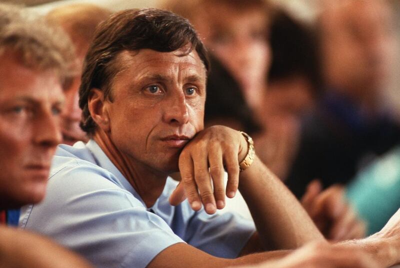 Dutch football legend Johan Cruyff, shown here as coach of Barcelona, looks on during the Uefa Champions League match against Viking Stavanger at Camp Nou on September 16, 1992 in Barcelona, Spain. Bongarts/Getty Images