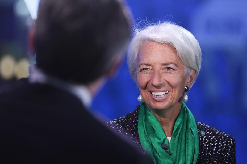 Christine Lagarde, managing director of the International Monetary Fund (IMF), speaks during a Bloomberg Television interview at the St. Petersburg International Economic Forum (SPIEF) in St. Petersburg, Russia, on Friday, May 25, 2018. The economic forum this year will be attended by President Vladimir Putin and French President Emmanuel Macron, and panels include everything from how to do business in Russia to biotechnology and blockchain. Photographer: Chris Ratcliffe/Bloomberg