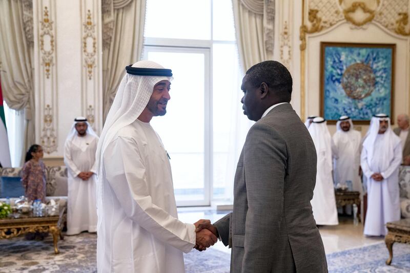 ABU DHABI, UNITED ARAB EMIRATES - October 07, 2019: HH Sheikh Mohamed bin Zayed Al Nahyan, Crown Prince of Abu Dhabi and Deputy Supreme Commander of the UAE Armed Forces (L), receives a minister who participated in the 26th Abu Dhabi World Road Congress, during a Sea Palace barza. 

( Mohamed Al Hammadi / Ministry of Presidential Affairs )
---