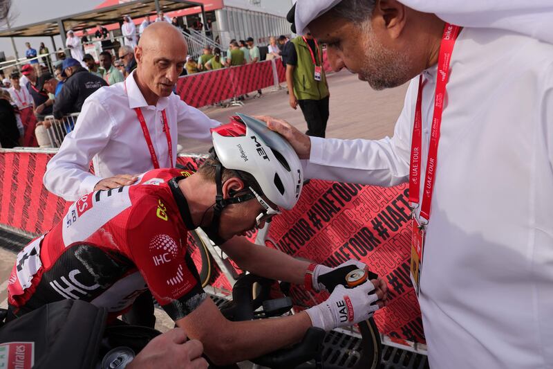 UAE Team Emirates' Australian cyclist Jay Vine at the end of the race. AFP