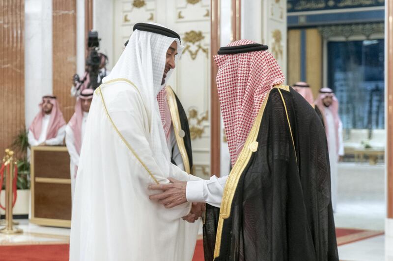 MECCA, SAUDI ARABIA - May 30, 2019: HH Sheikh Mohamed bin Zayed Al Nahyan, Crown Prince of Abu Dhabi and Deputy Supreme Commander of the UAE Armed Forces (2nd R), greets HM King Salman Bin Abdulaziz Al Saud of Saudi Arabia and Custodian of the Two Holy Mosques (R), during the UAE delegation to the Gulf Cooperation Council (GCC) emergency summit in Mecca.

( Rashed Al Mansoori / Ministry of Presidential Affairs )
---