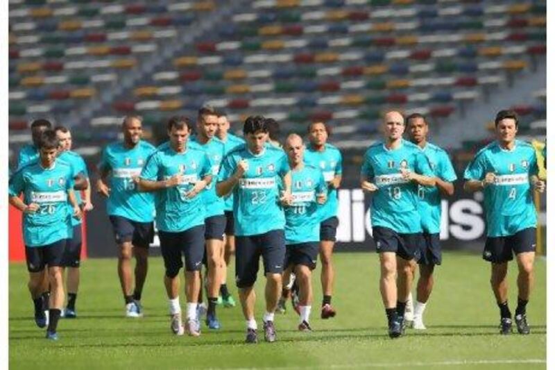 Inter Milan players during a training session at Zayed Sports City yesterday.