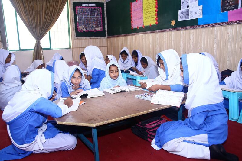 Girls at high school section of Aabroo are taking their class.