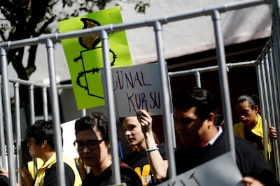 REFILE - CLARIFYING CAPTION Members of Amnesty International hold signs inside a mock prison cell during a demonstration against the human rights abuses, demanding the release of activists arrested in Turkey, outside the Turkey's Embassy in Mexico City, Mexico, July 31, 2017. REUTERS/Edgard Garrido