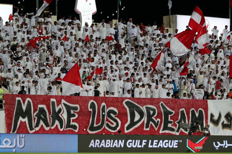 SHARJAH, UNITED ARAB EMIRATES , April 17 – 2019 :- Sharjah fans during the football match between Sharjah vs Al Ain held at Khalid Bin Mohammed Stadium in Sharjah. ( Pawan Singh / The National ) For Sports. Story by John