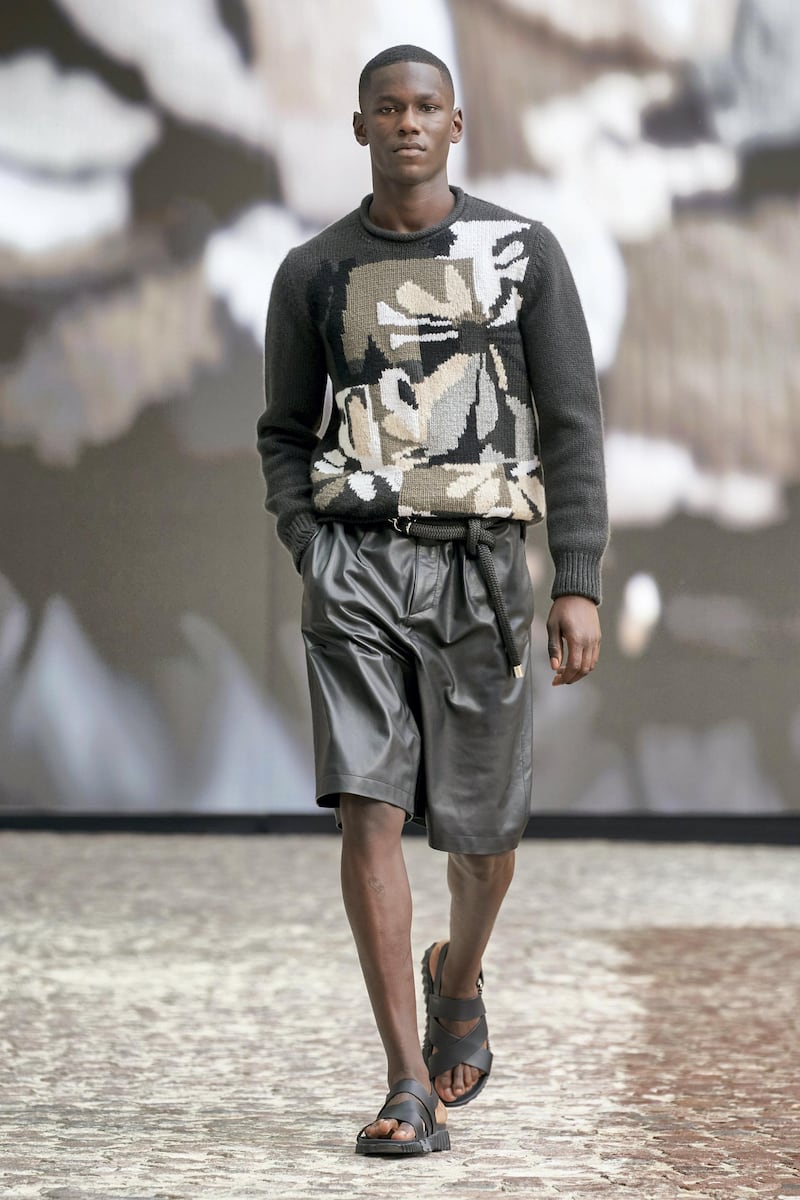 At Hermes, the focus was on simple, timeless clothes, seen here as leather shorts and a knitted jumper. Courtesy Hermes