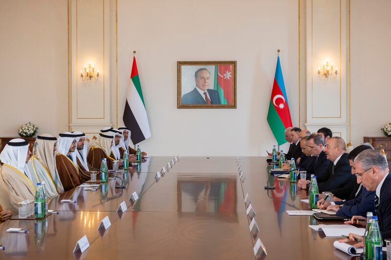 Led by Sheikh Mohamed, the UAE delegation meets Mr Aliyev and Azerbaijani officials at Zagulba Presidential Residence