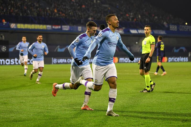 Gabriel Jesus of Manchester City celebrates after scoring his second goal. Getty