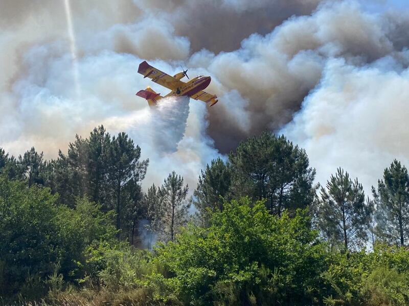 A firefighting aircraft drops water on a forest fire in Landiras, south-west France. EPA