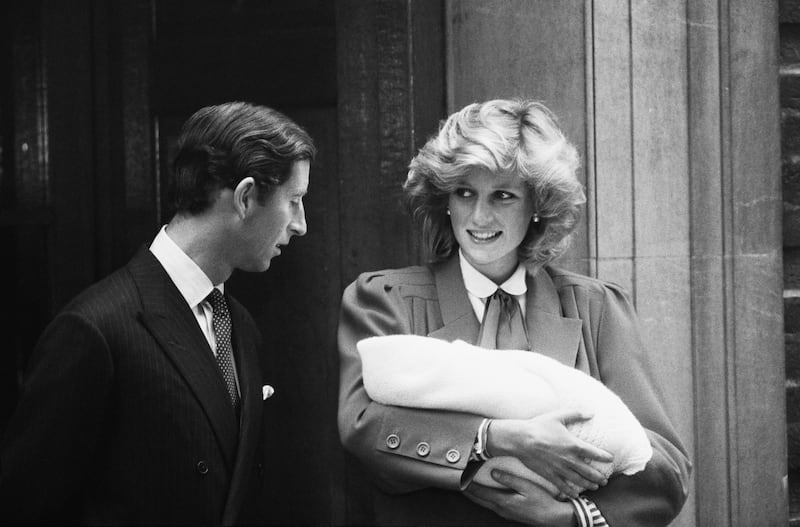 Charles, Prince of Wales and Diana, Princess of Wales (1961-1997) leave the Lindo Wing of St Mary's Hospital with their son Prince Harry, in Paddington, London, 16th September 1984. Harry had been born the previous day. (Photo by Ted Bath/Daily Express/Hulton Archive/Getty Images)