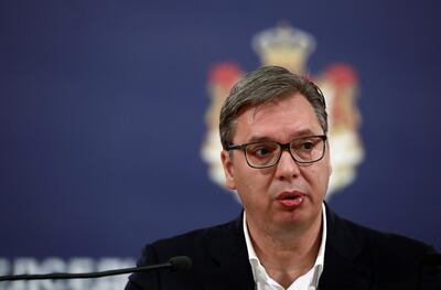 FILE PHOTO: Serbian President Aleksandar Vucic addresses the nation after riots in the capital, in Belgrade, Serbia, July 8, 2020. REUTERS/Marko Djurica/File Photo