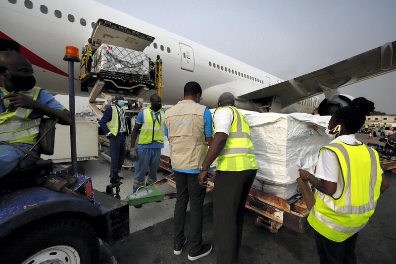 On 24 February 2021, staff unloads the first shipment of COVID-19 vaccines distributed by the COVAX Facility at the Kotoka International Airport in Accra, Ghana's capital. 

The shipment with 600 doses of the vaccine also represents the beginning of what should be the largest vaccine procurement and supply operation in history. The COVAX Facility plans to deliver close to 2 billion doses of COVID-19 vaccines this year. This is an unprecedented global effort to make sure all citizens have access to vaccines.
Anne-Claire Dufay UNICEF UNICEF Representative in Ghana and WHO country representative Francis Kasolo said in a joint statement:
After a year of disruptions due to the COVID-19 pandemic, with more than 80,700 Ghanaians getting infected with the virus and over 580 lost lives, the path to recovery for the people of Ghana can finally begin.

"This is a momentous occasion, as the arrival of the COVID-19 vaccines into Ghana is critical in bringing the pandemic to an end," 

These 600,000 COVAX vaccines are part of an initial tranche of deliveries of the AstraZeneca / Oxford vaccine licensed to the Serum Institute of India, which represent part of the first wave of COVID vaccines headed to several low and middle-income countries.
“The shipments also represent the beginning of what should be the largest vaccine procurement and supply operation in history. The COVAX Facility plans to deliver close to 2 billion doses of COVID-19 vaccines this year. This is an unprecedented global effort to make sure all citizens have access to vaccines.
“We are pleased that Ghana has become the first country to receive the COVID-19 vaccines from the COVAX Facility. We congratulate the Government of Ghana – especially the Ministry of Health, Ghana Health Service, and Ministry of Information - for its relentless efforts to protect the population. As part of the UN Country Team in Ghana, UNICEF and WHO reiterate our commitment to support the vaccination campaign and contain the spread 