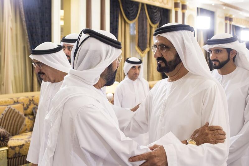 Sheikh Mohammed bin Rashid greets Sheikh Tahnoon bin Mohammed Al Nahyan, Ruler’s Representative of the Eastern Region. Ryan Carter / Crown Prince Court — Abu Dhabi