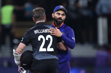 India's captain Virat Kohli hugs New Zealand's captain Kane Williamson after New Zealand won the game during the Cricket Twenty20 World Cup match in Dubai, UAE, Sunday, Oct.  31, 2021.  (AP Photo / Aijaz Rahi)