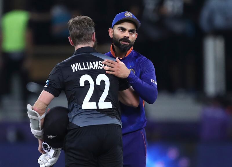 India's captain Virat Kohli greets New Zealand's captain Kane Williamson defeat in the T20 World Cup in Dubai on Sunday, October 31, 2021. AP