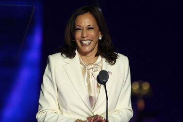 US Vice President-elect, Kamala Harris, gave her acceptance speech wearing a white trouser suit. Getty